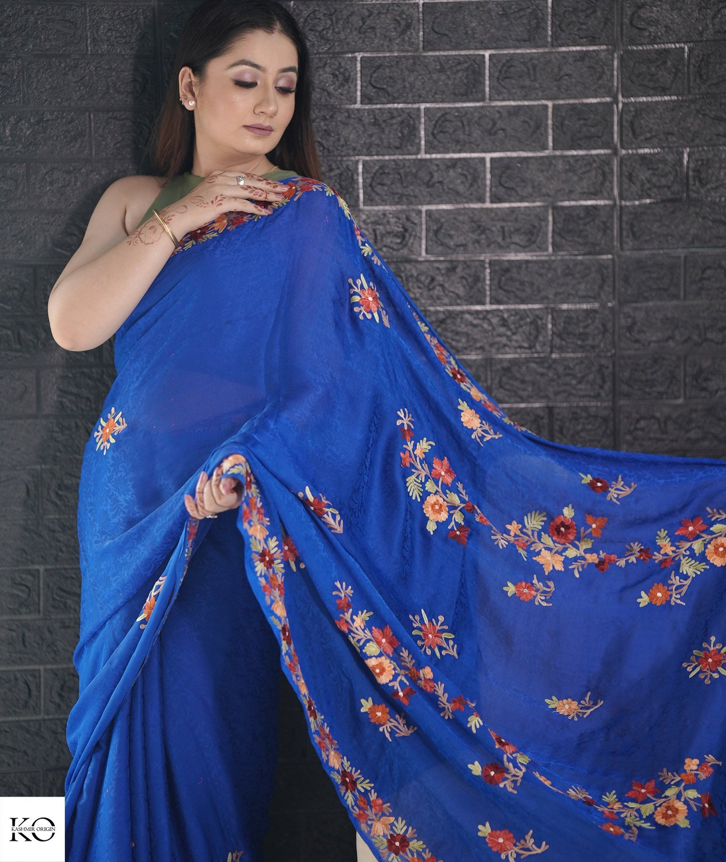 Royal Blue Aari Embroidered Crepe Saree