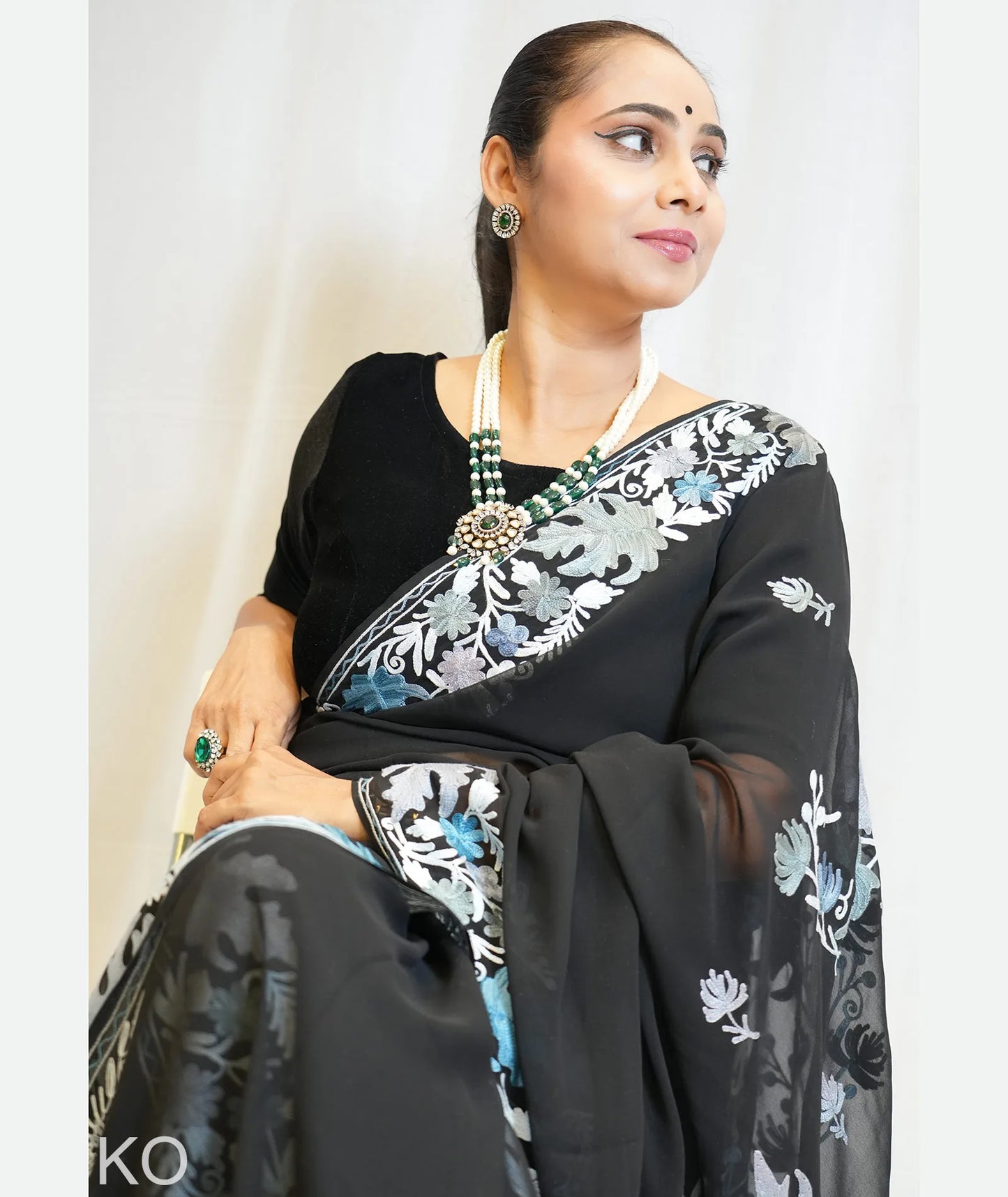 Chinar Aari Embroidered  Black Georgette Saree