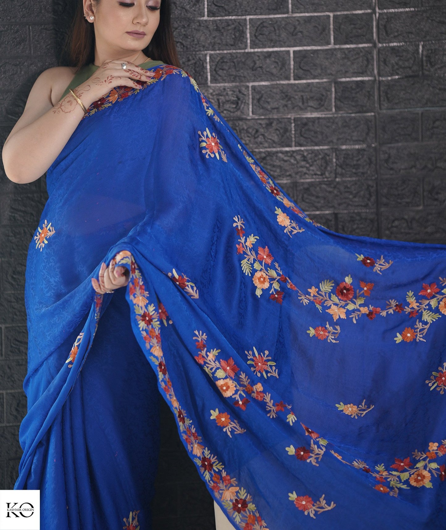 Royal Blue Aari Embroidered Crepe Saree