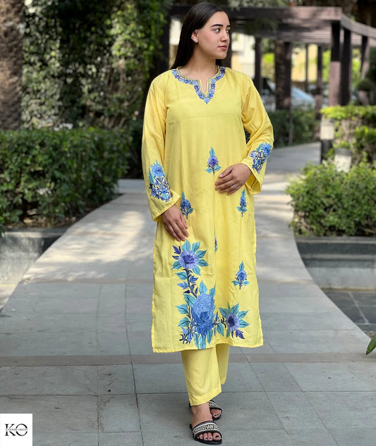 Blue Rose Embroidered Lemon Silk Crepe Cord Set | Full Suit