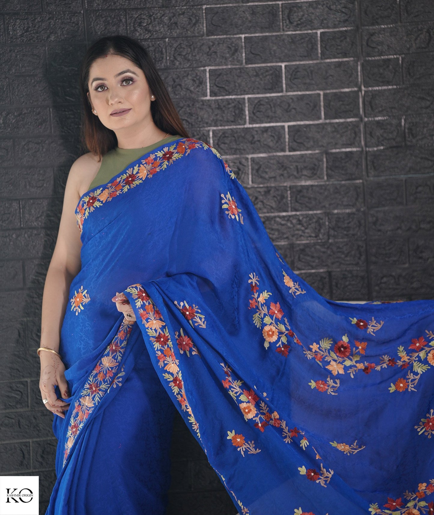 Royal Blue Aari Embroidered Crepe Saree