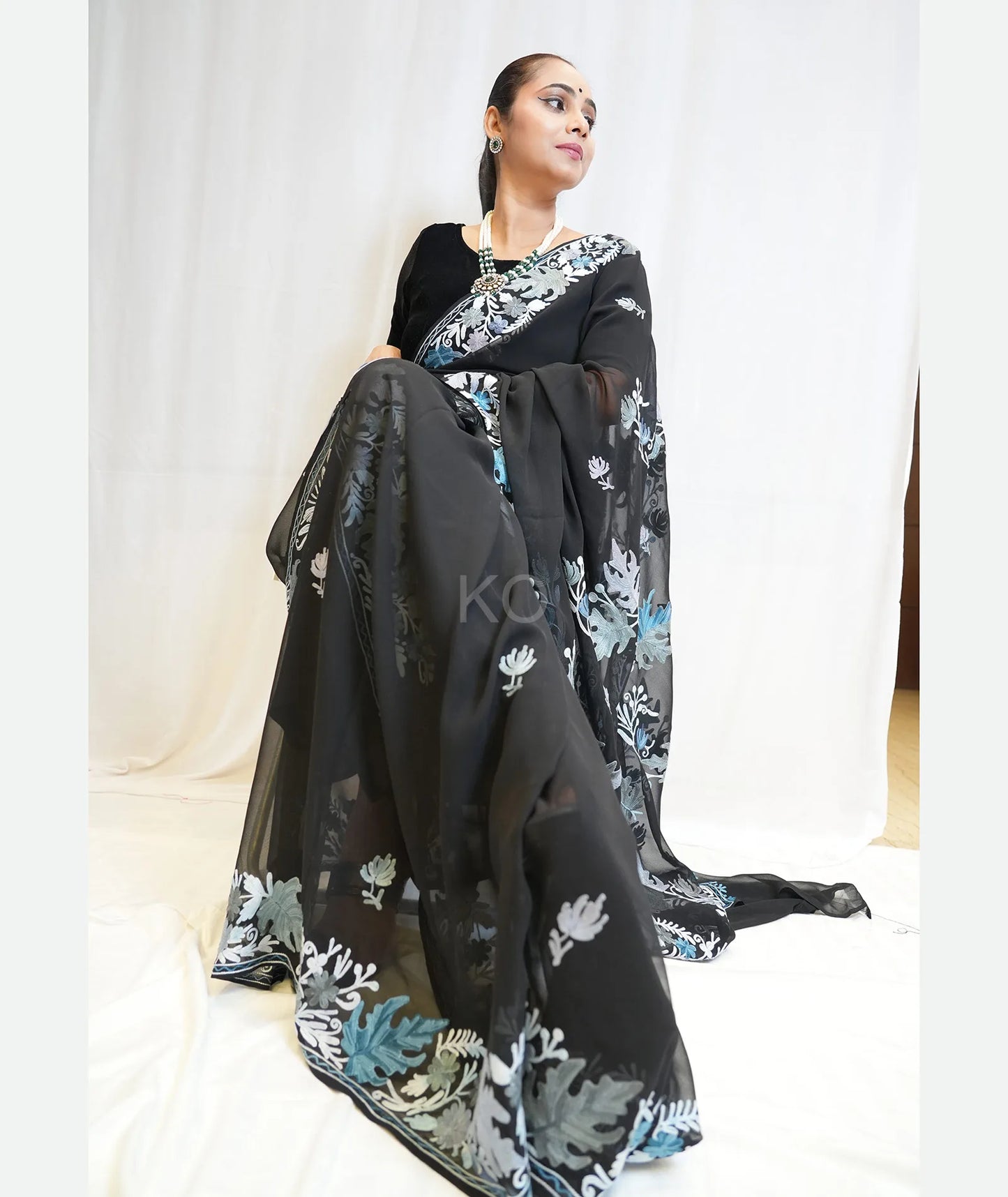 Chinar Aari Embroidered  Black Georgette Saree