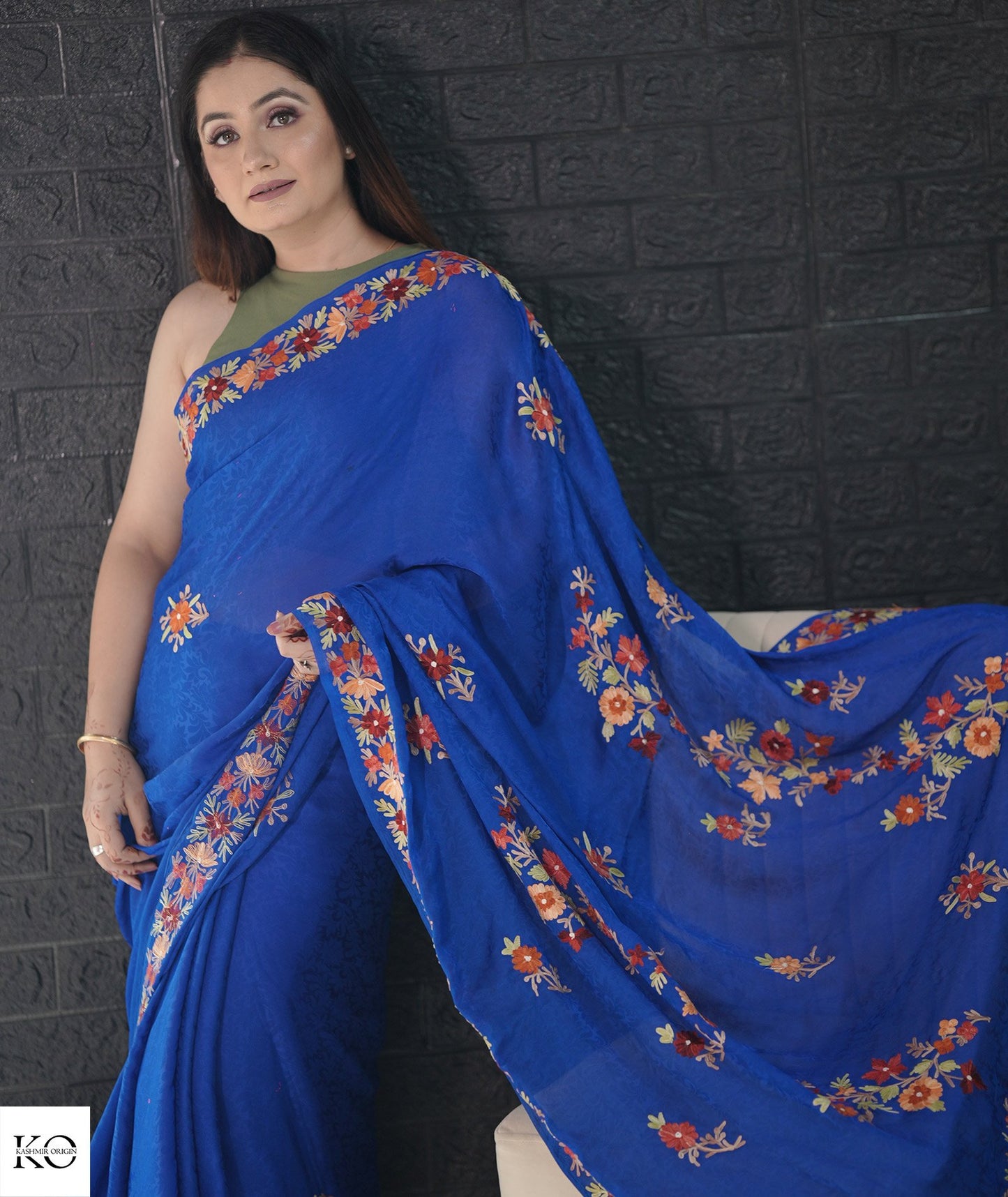 Royal Blue Aari Embroidered Crepe Saree