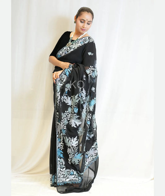 Chinar Aari Embroidered  Black Georgette Saree