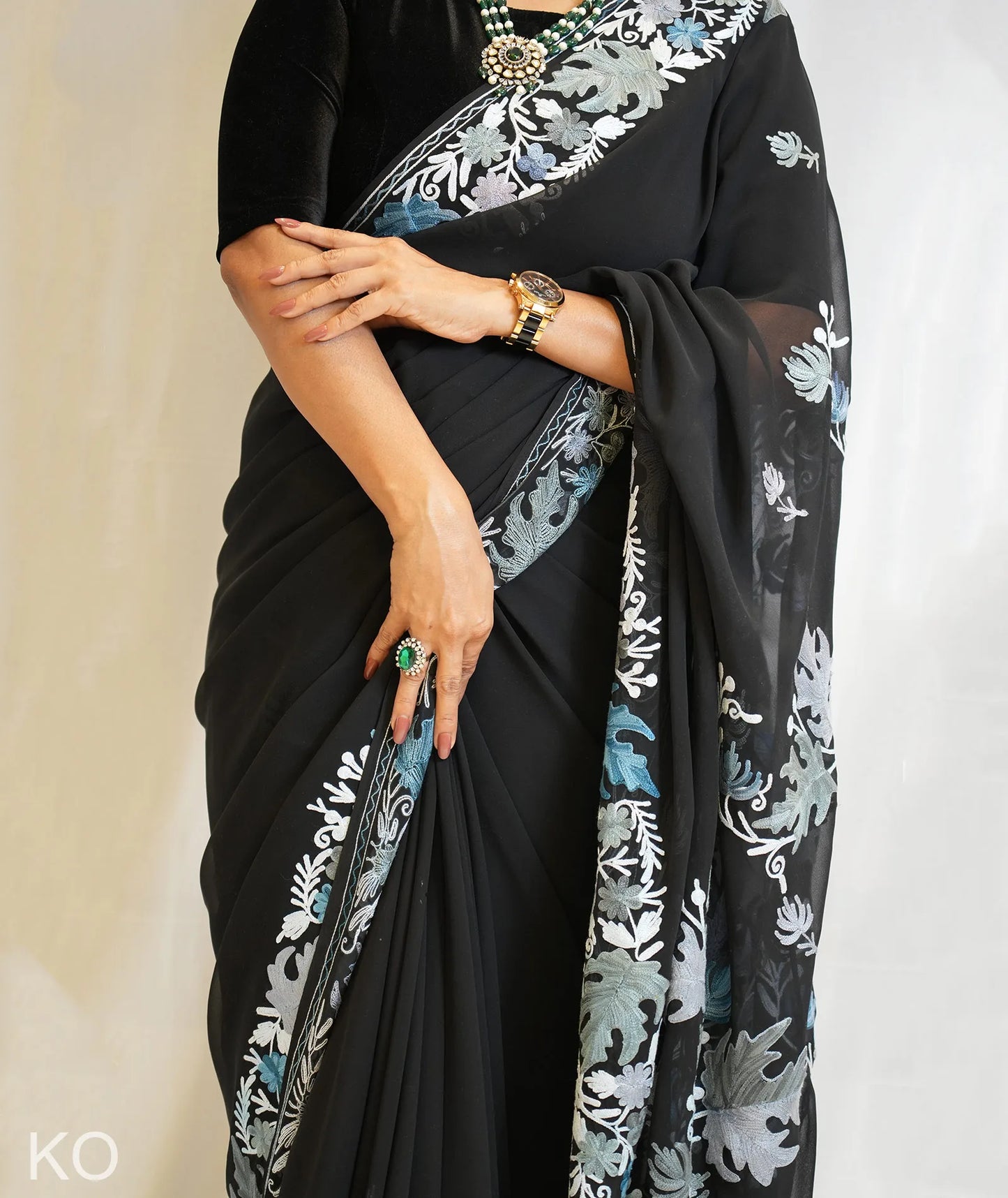 Chinar Aari Embroidered  Black Georgette Saree