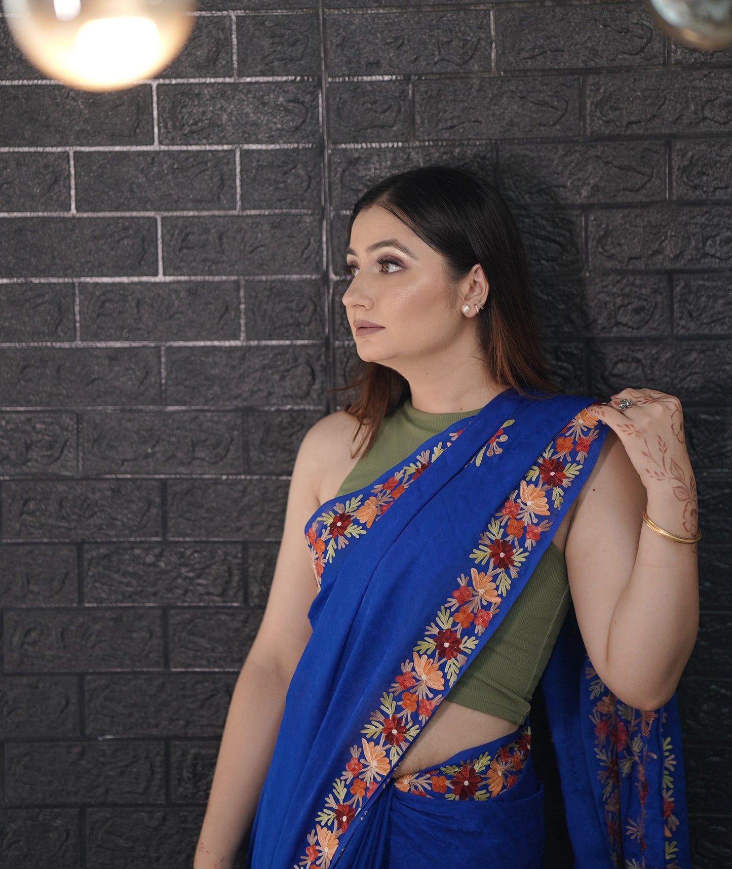 Royal Blue Aari Embroidered Crepe Saree