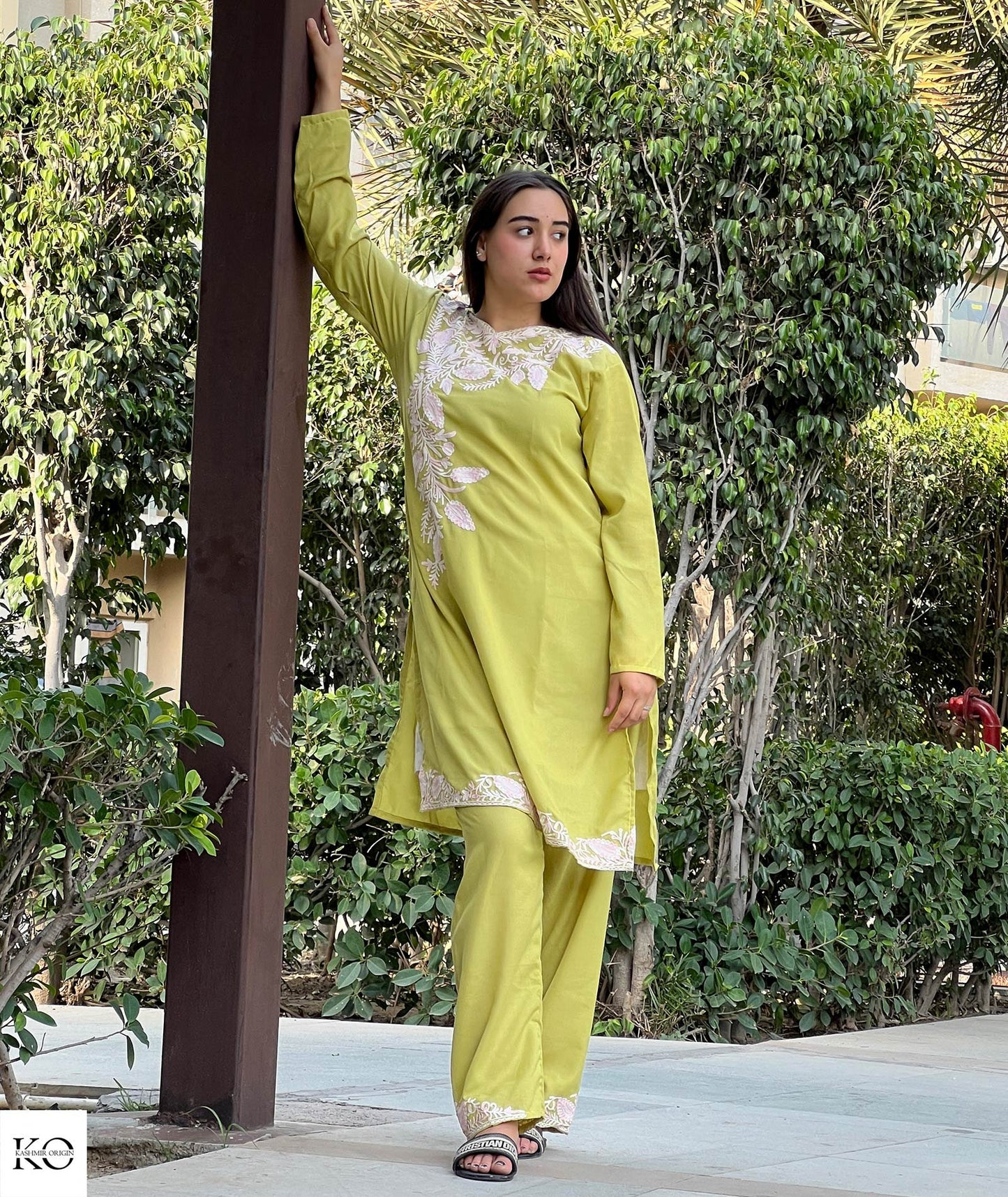 White Leaf Embroidered Green Base Cotton Co ord Set | Full Suit