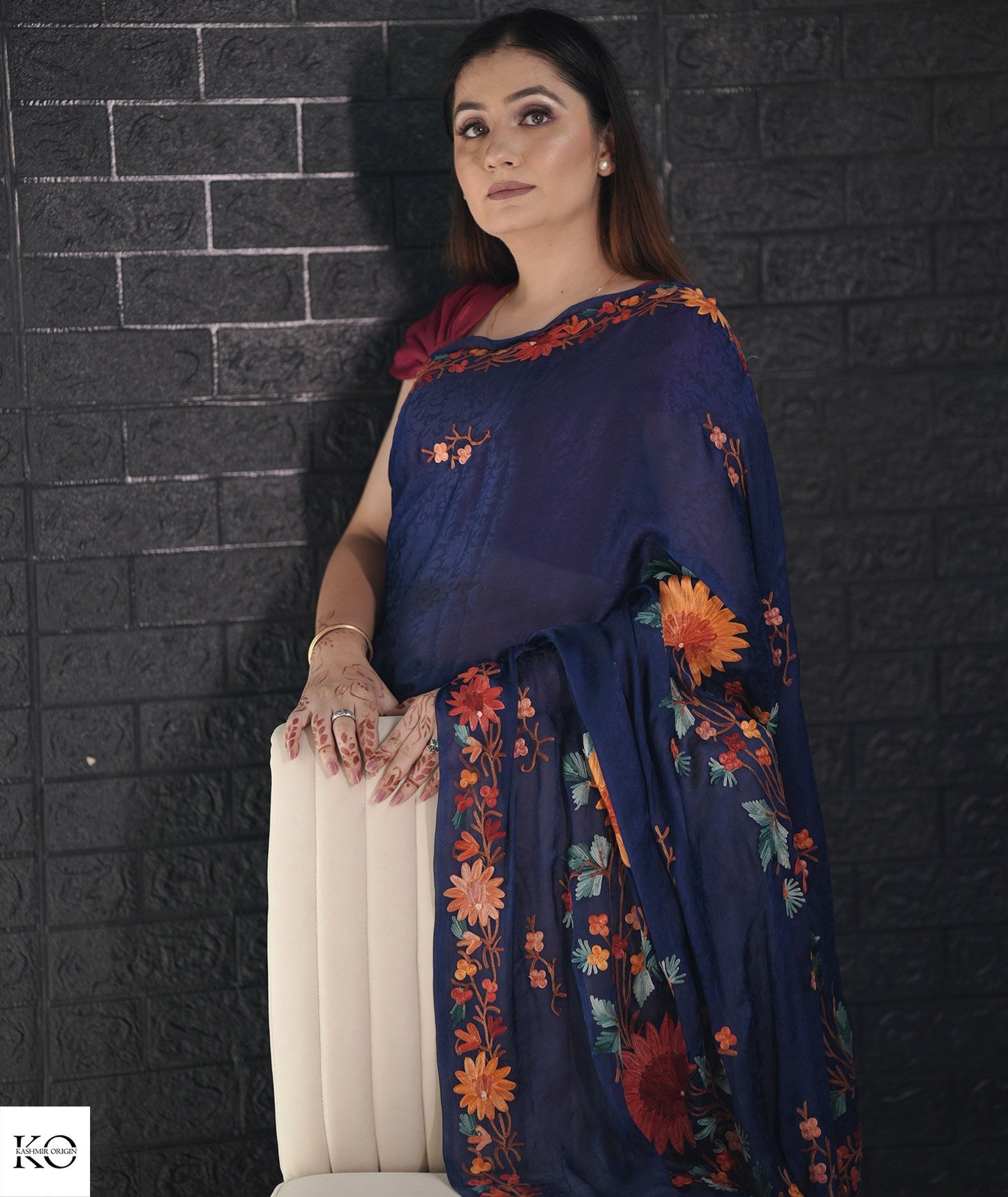 Midnight Blue Aari Embroidered Crepe Saree