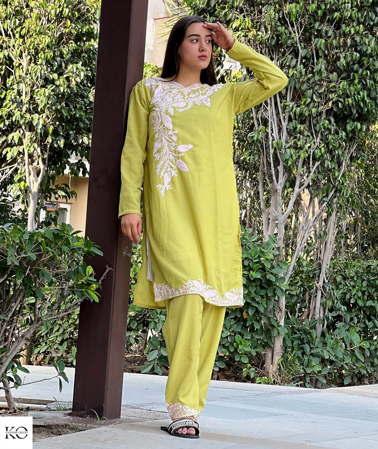 White Leaf Embroidered Green Base Cotton Co ord Set | Full Suit