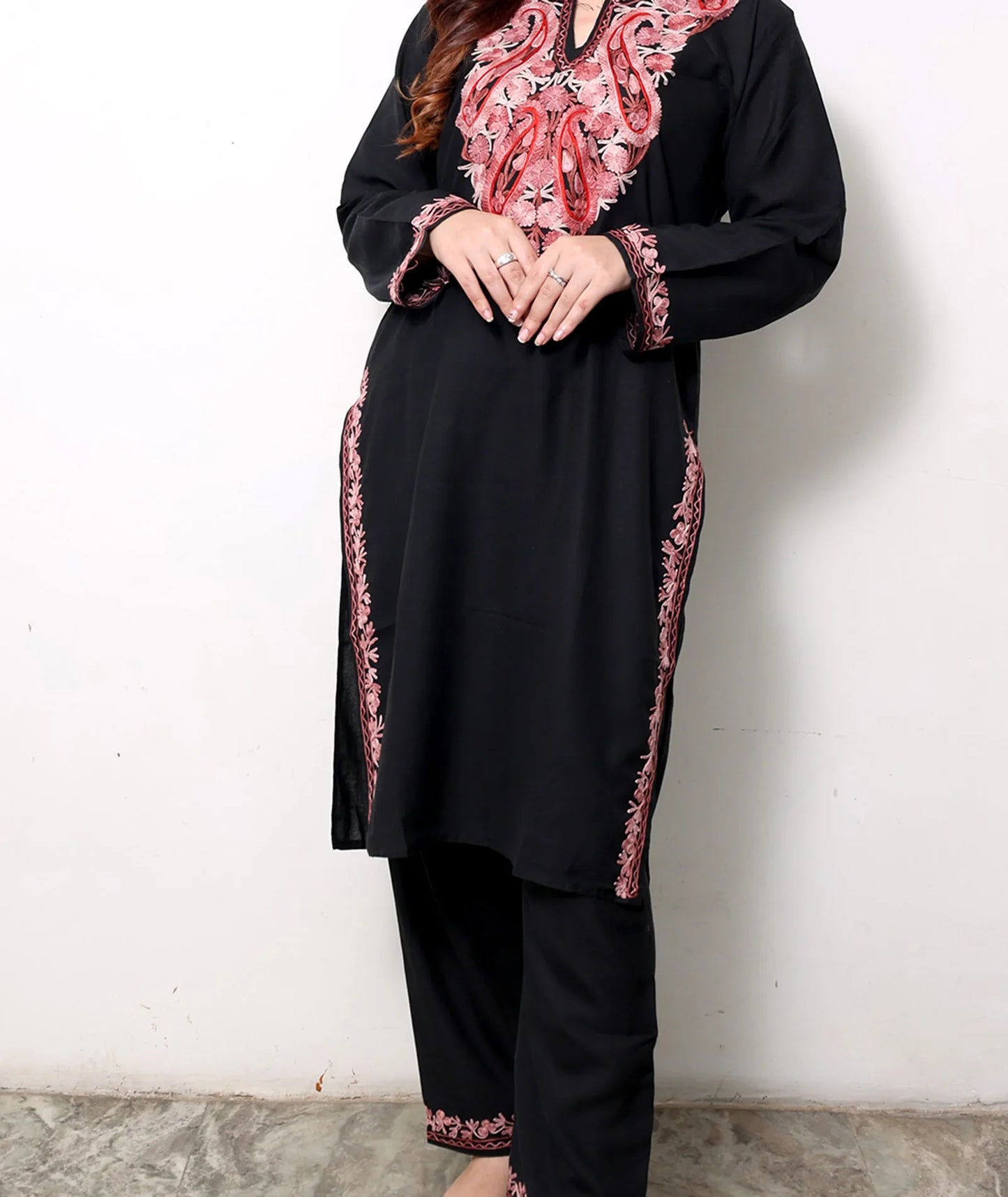 Pasley Neck Design Aari Embroidered Black Cotton Co ord Set