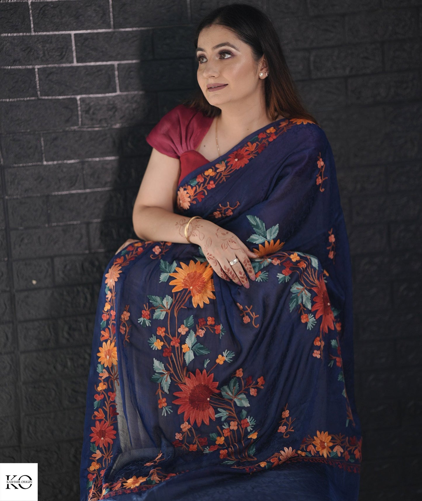 Midnight Blue Aari Embroidered Crepe Saree