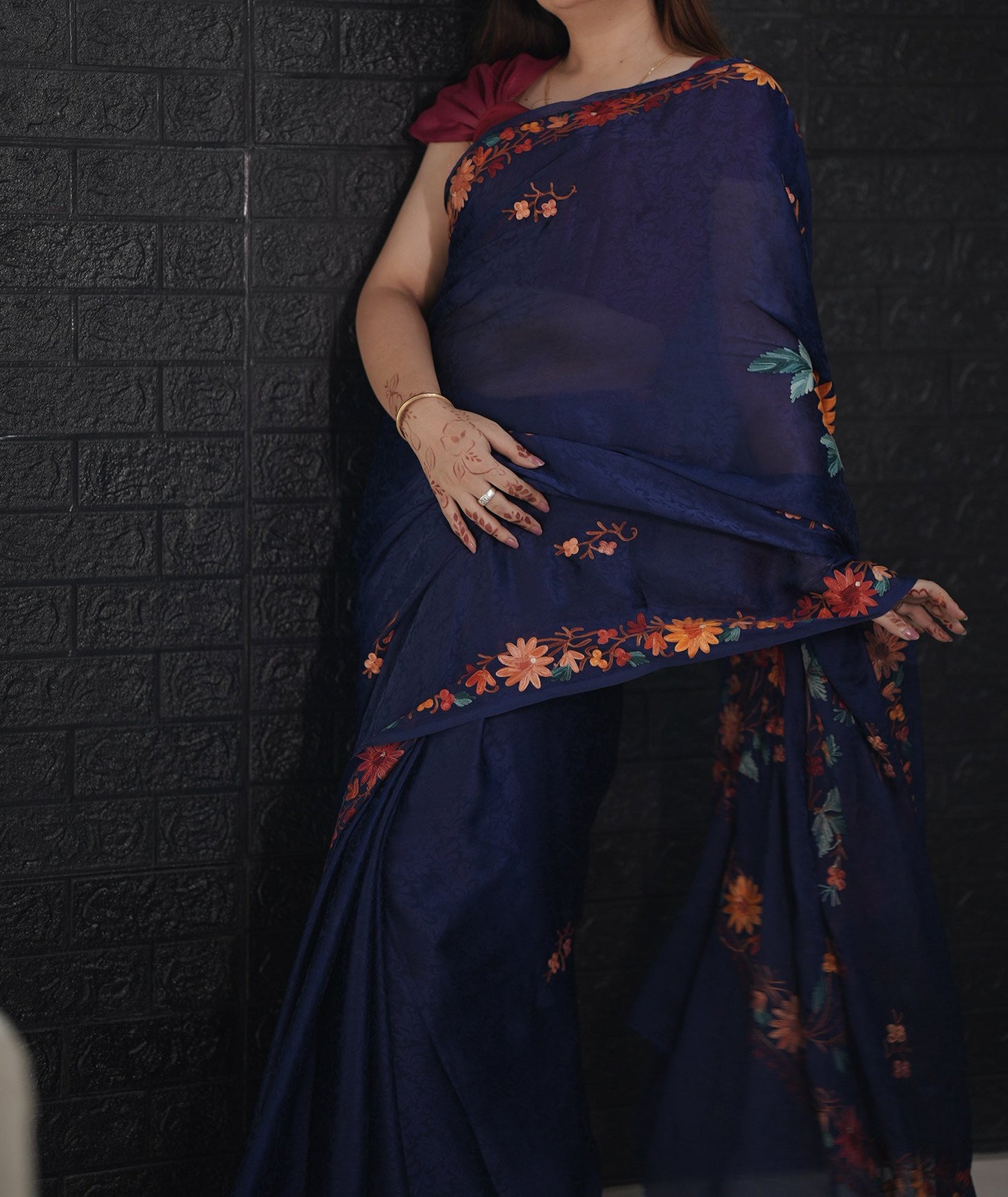 Midnight Blue Aari Embroidered Crepe Saree