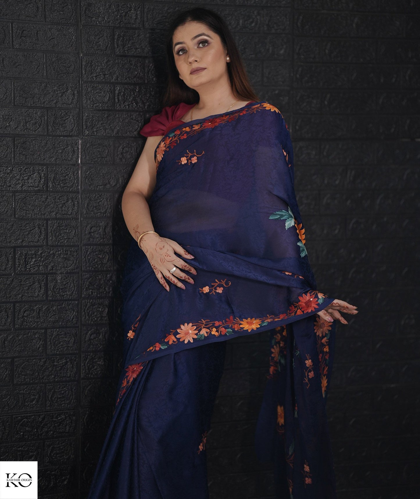 Midnight Blue Aari Embroidered Crepe Saree