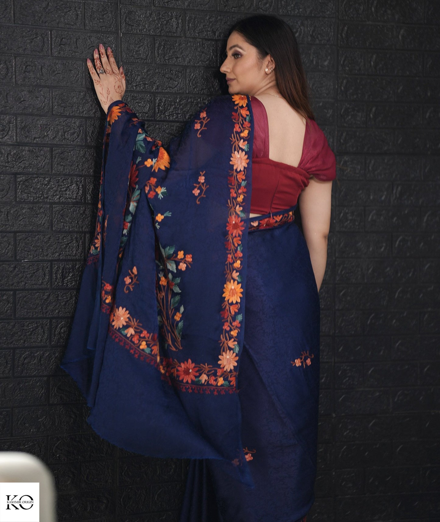 Midnight Blue Aari Embroidered Crepe Saree