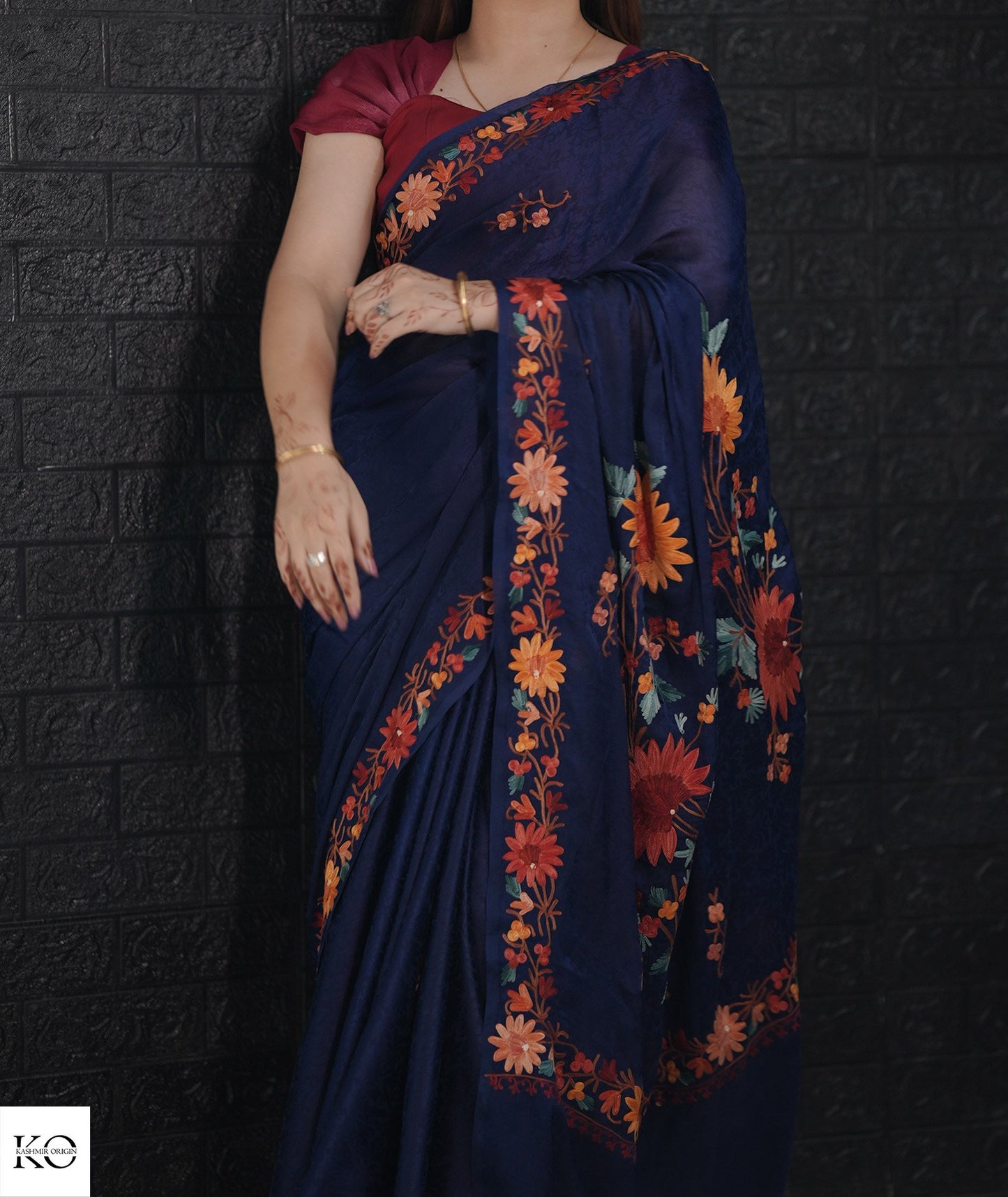 Midnight Blue Aari Embroidered Crepe Saree