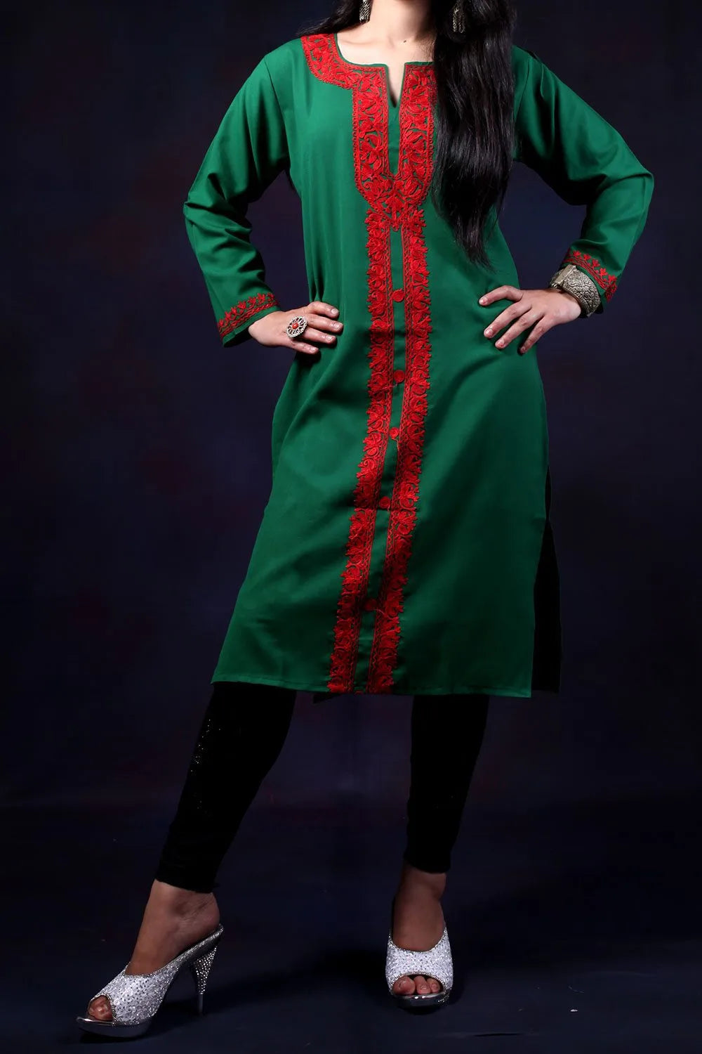 Green Aari Embroidered Kurti