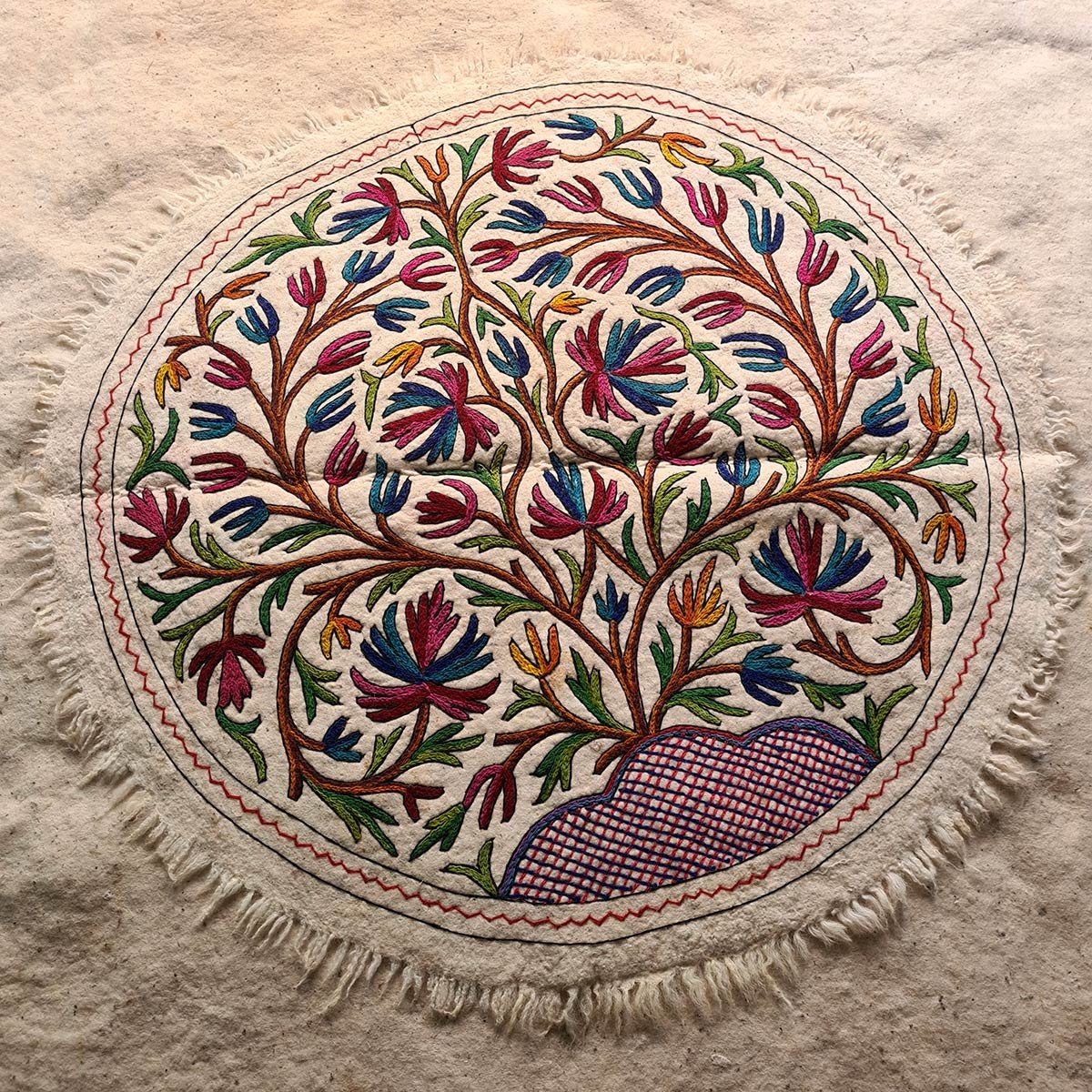 TREE OF LIFE HANDMADE ROUND AARI EMBROIDERED NAMDA 5x5 FT