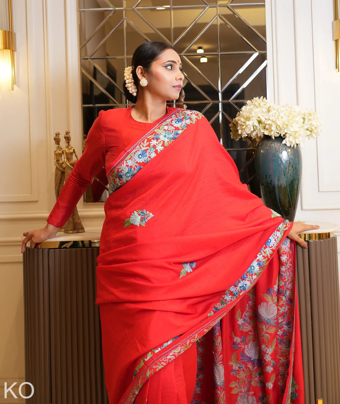 Posh Phulai Aari Embroidered  Red Crape Saree