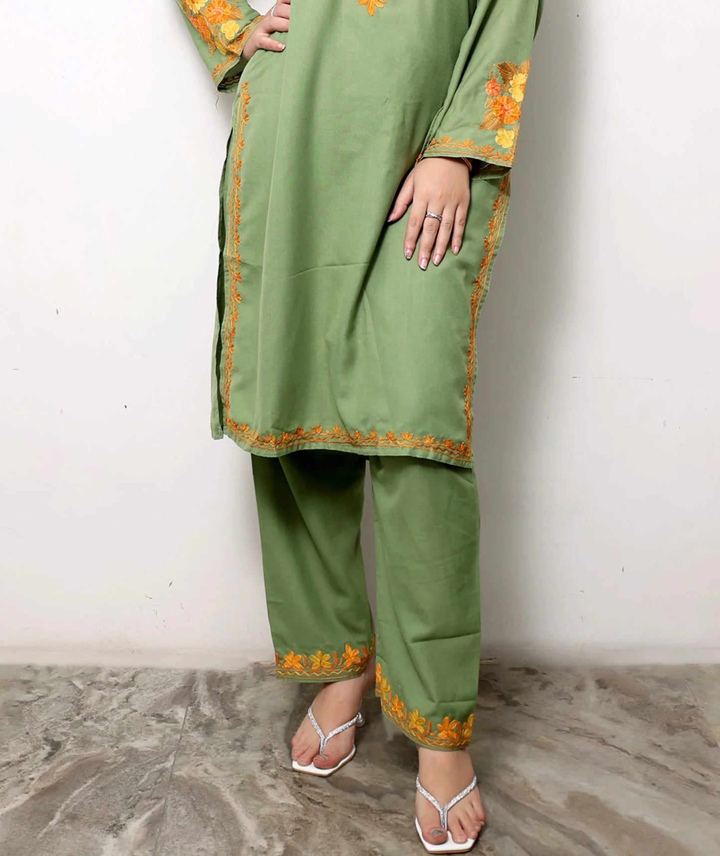 Green Base Aari Embroidered Cotton Co ord Set