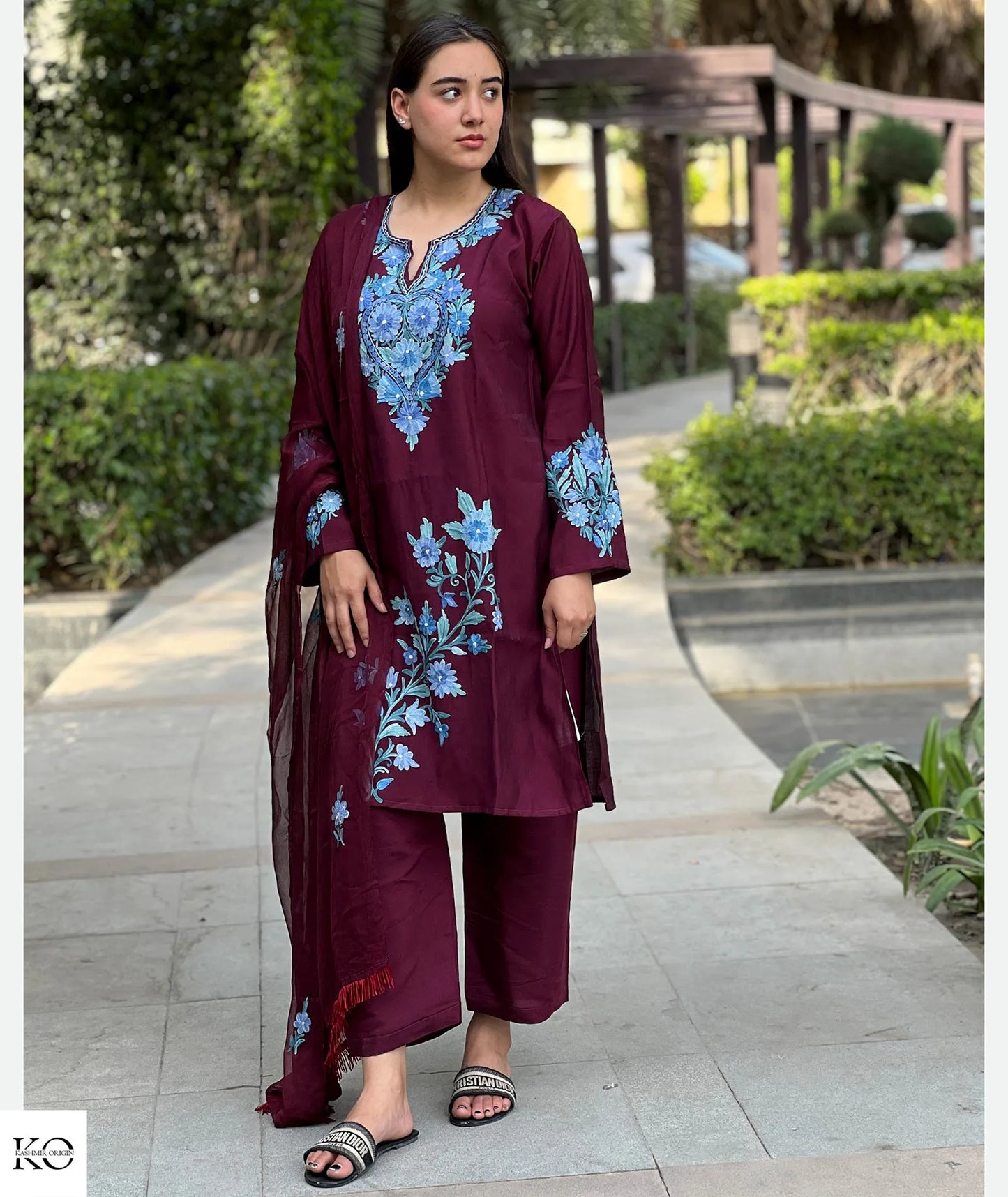 Deep Maroon & Blue Embroidered Silk Crepe Co ord Set | Full Suit with Lace Dupatta