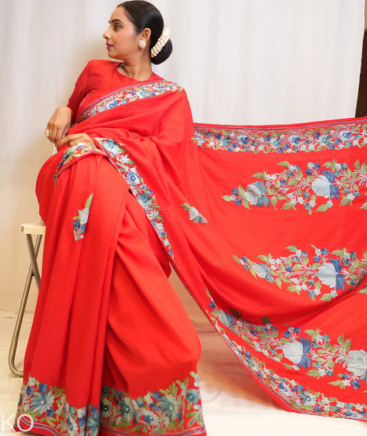 Posh Phulai Aari Embroidered  Red Crape Saree