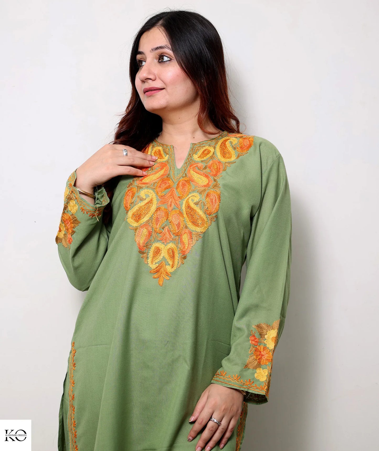 Green Base Aari Embroidered Cotton Co ord Set