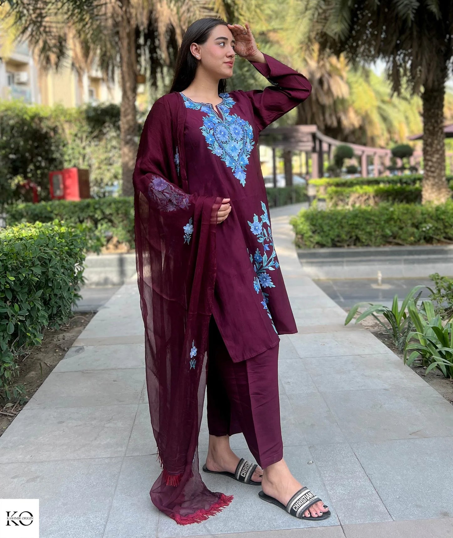 Deep Maroon & Blue Embroidered Silk Crepe Co ord Set | Full Suit with Lace Dupatta