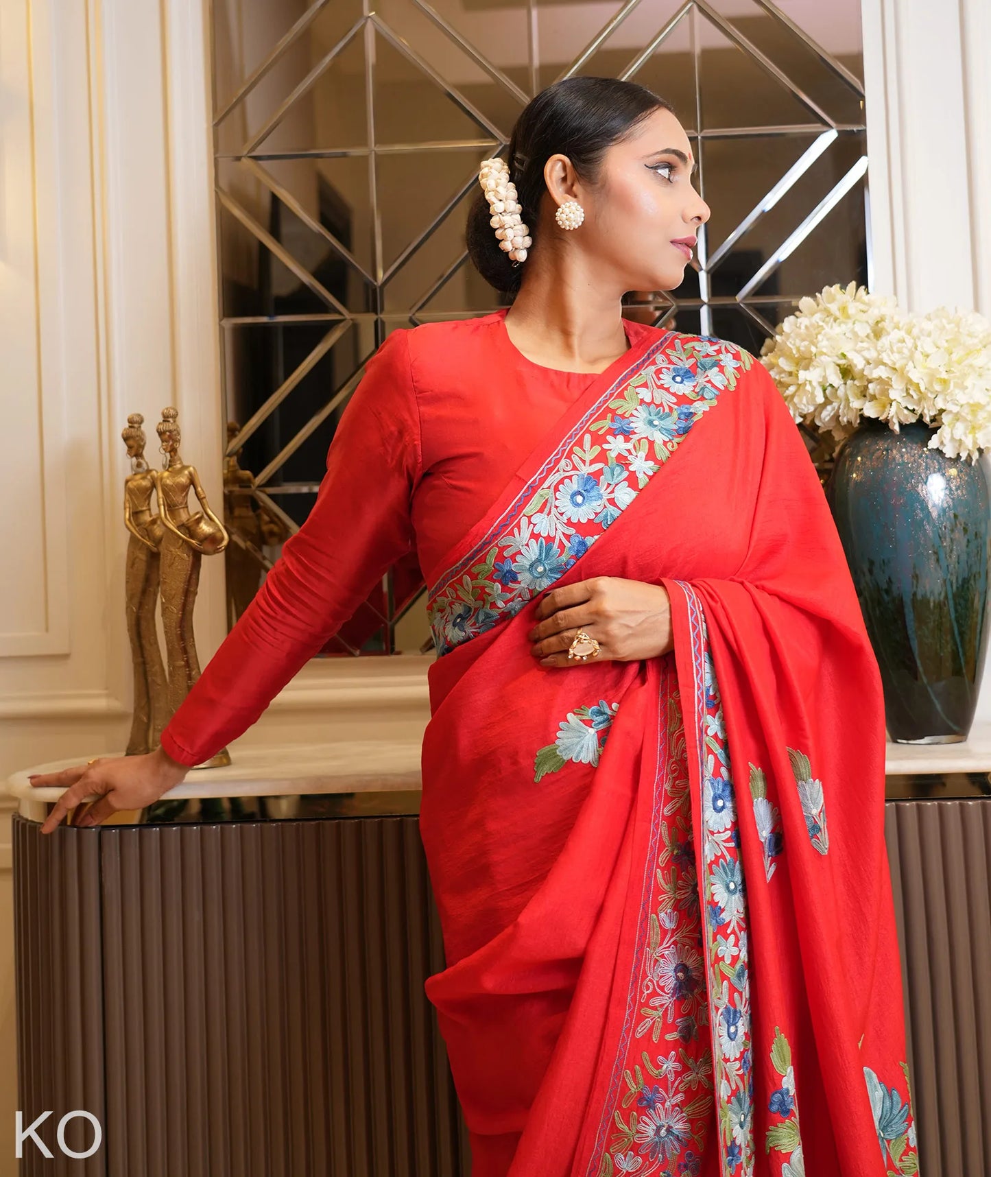 Posh Phulai Aari Embroidered  Red Crape Saree