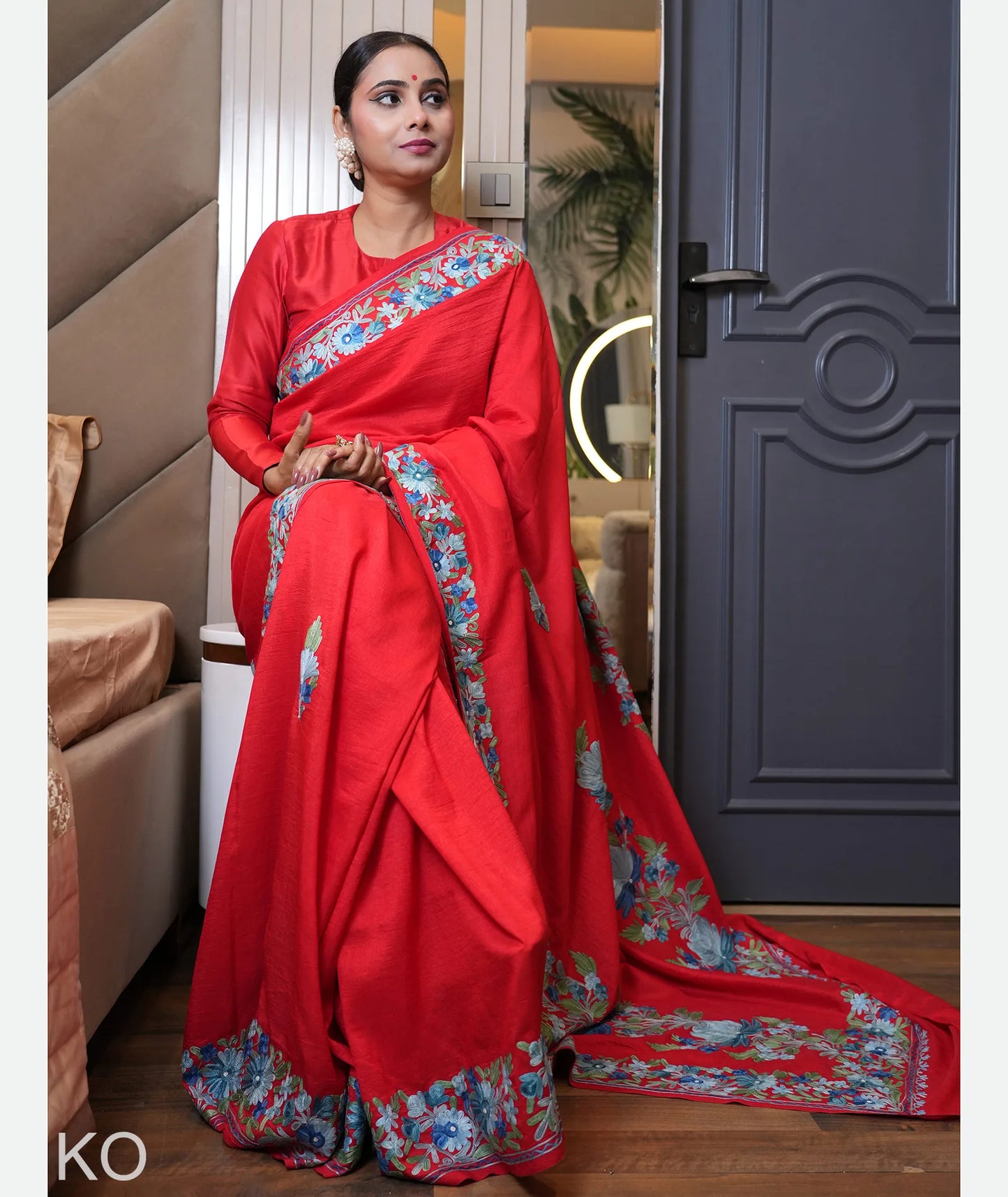 Posh Phulai Aari Embroidered  Red Crape Saree