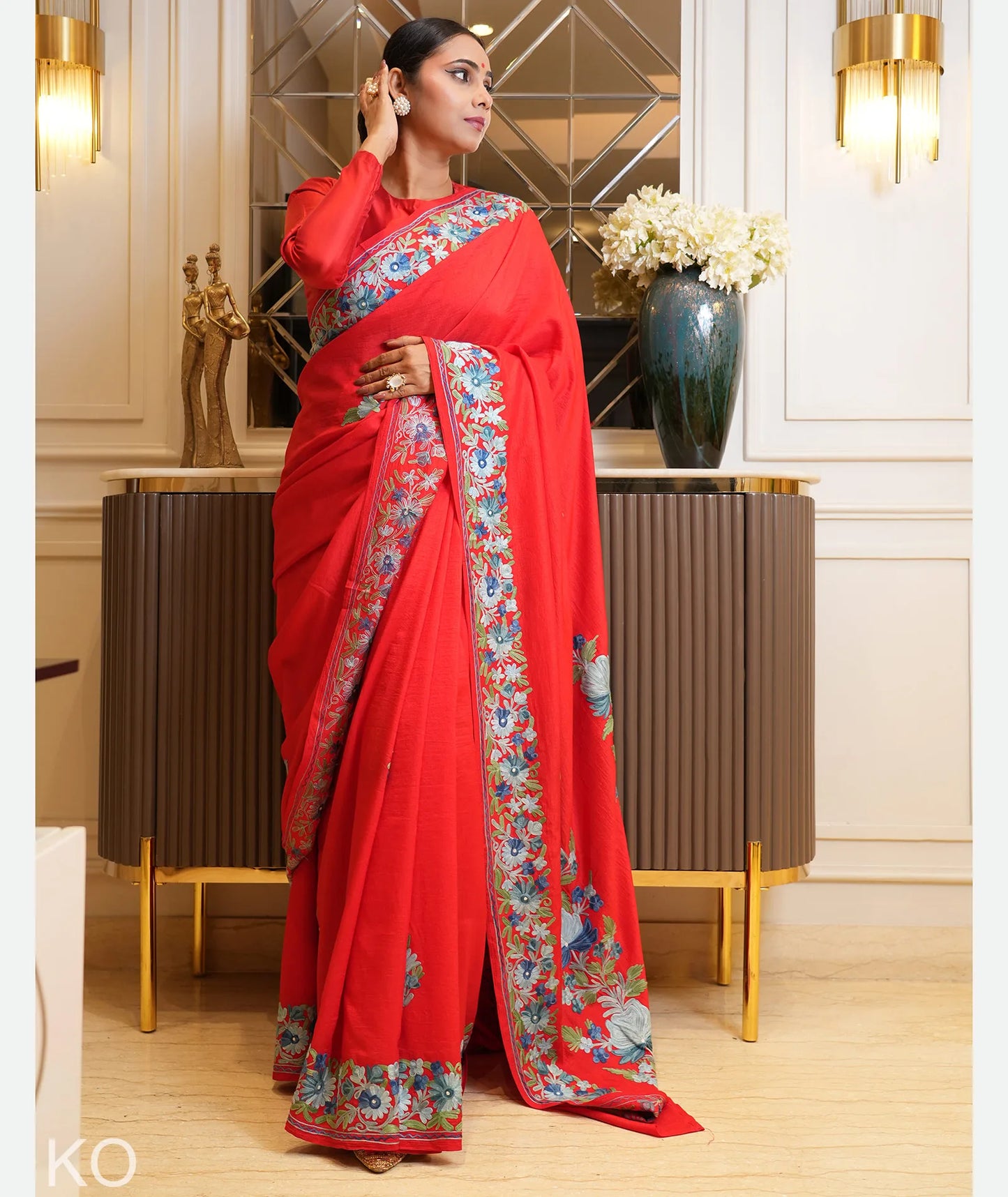 Posh Phulai Aari Embroidered  Red Crape Saree