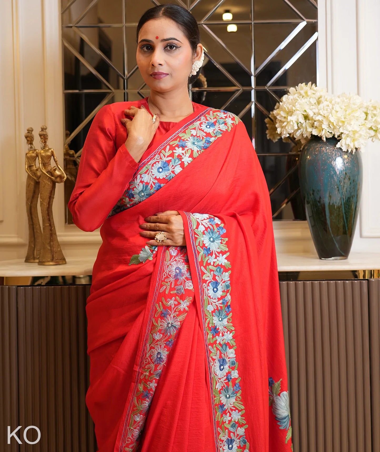 Posh Phulai Aari Embroidered  Red Crape Saree