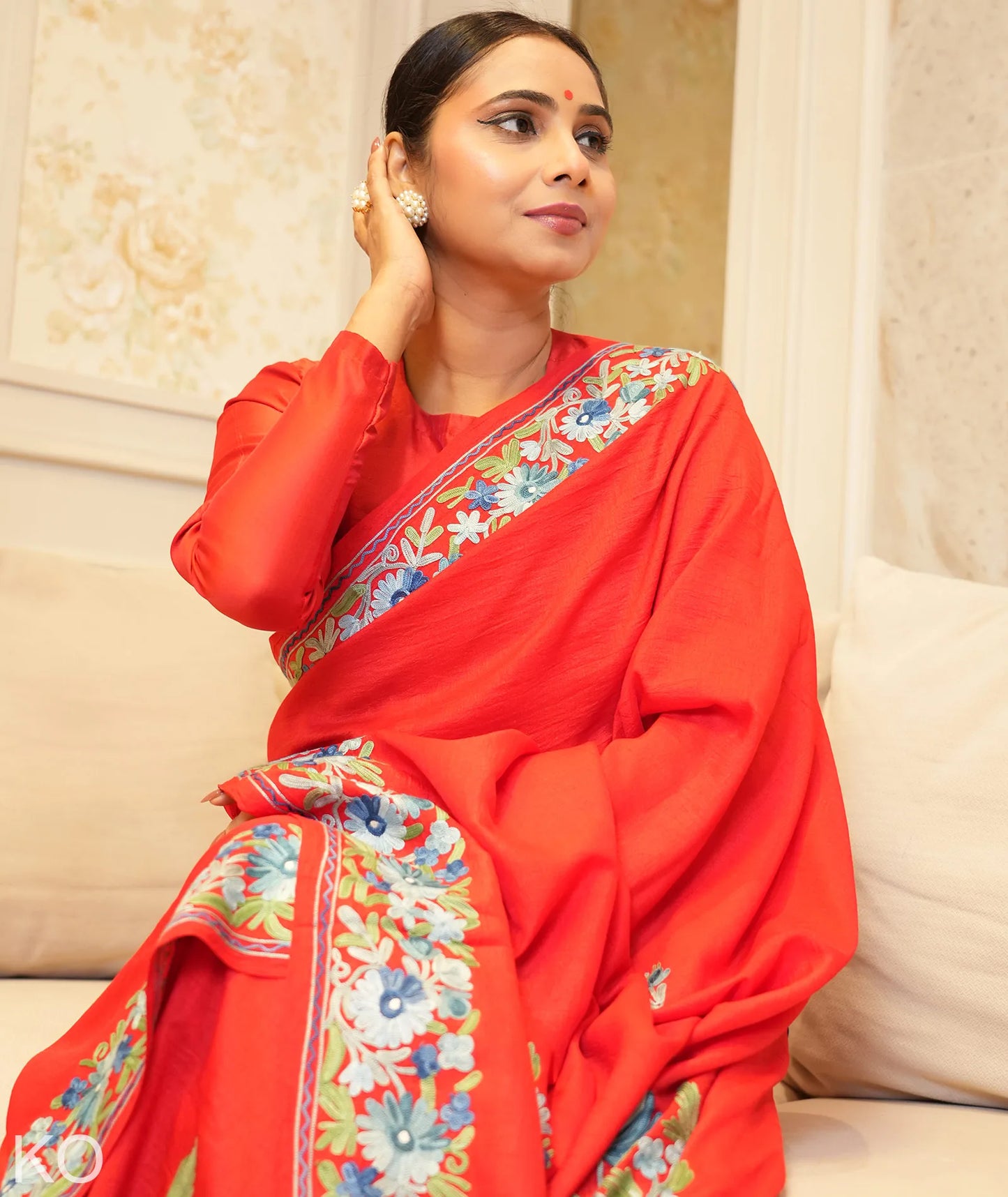 Posh Phulai Aari Embroidered  Red Crape Saree