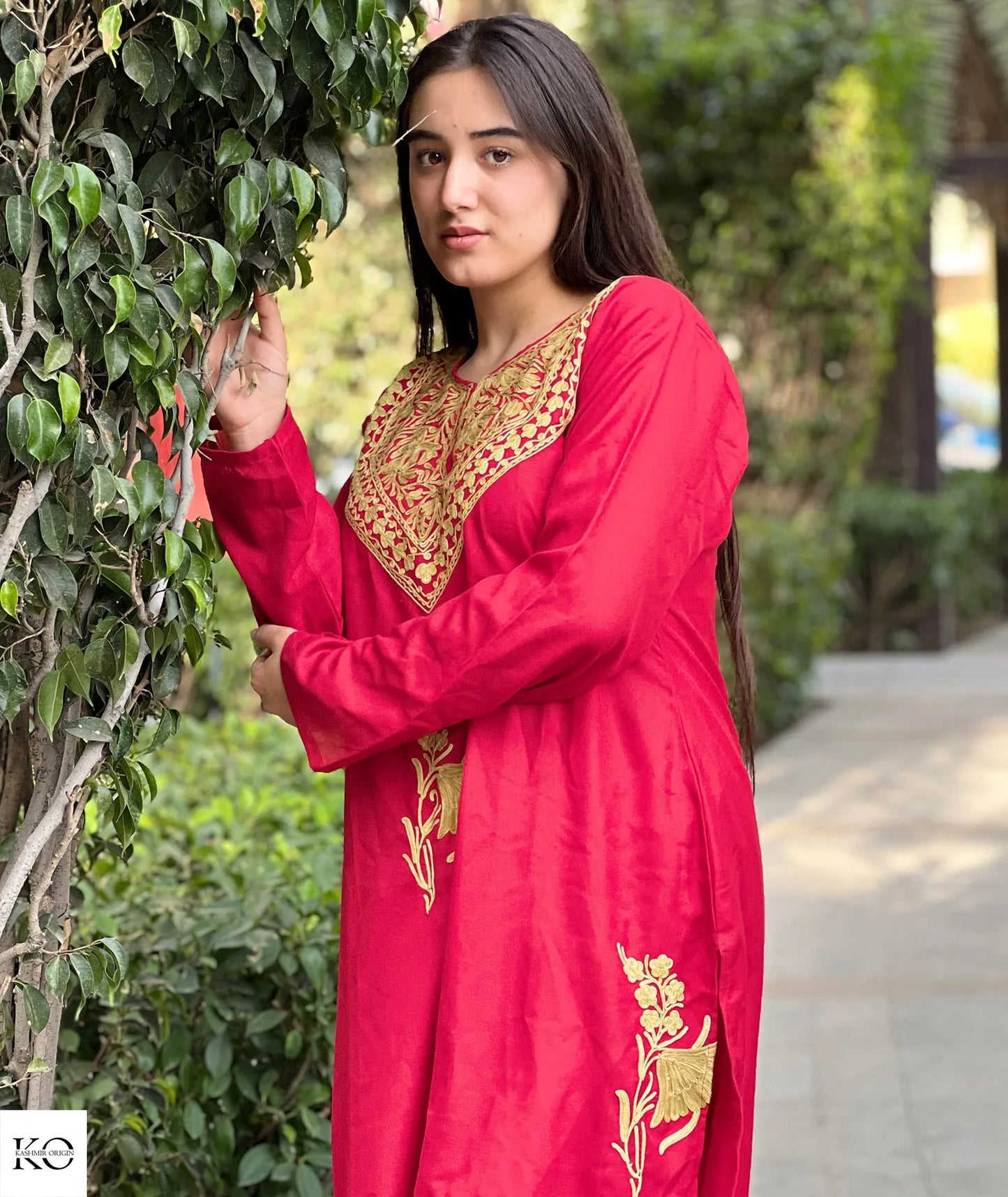 Green Embroidered Red Base Cotton Co ord Set | Full Suit