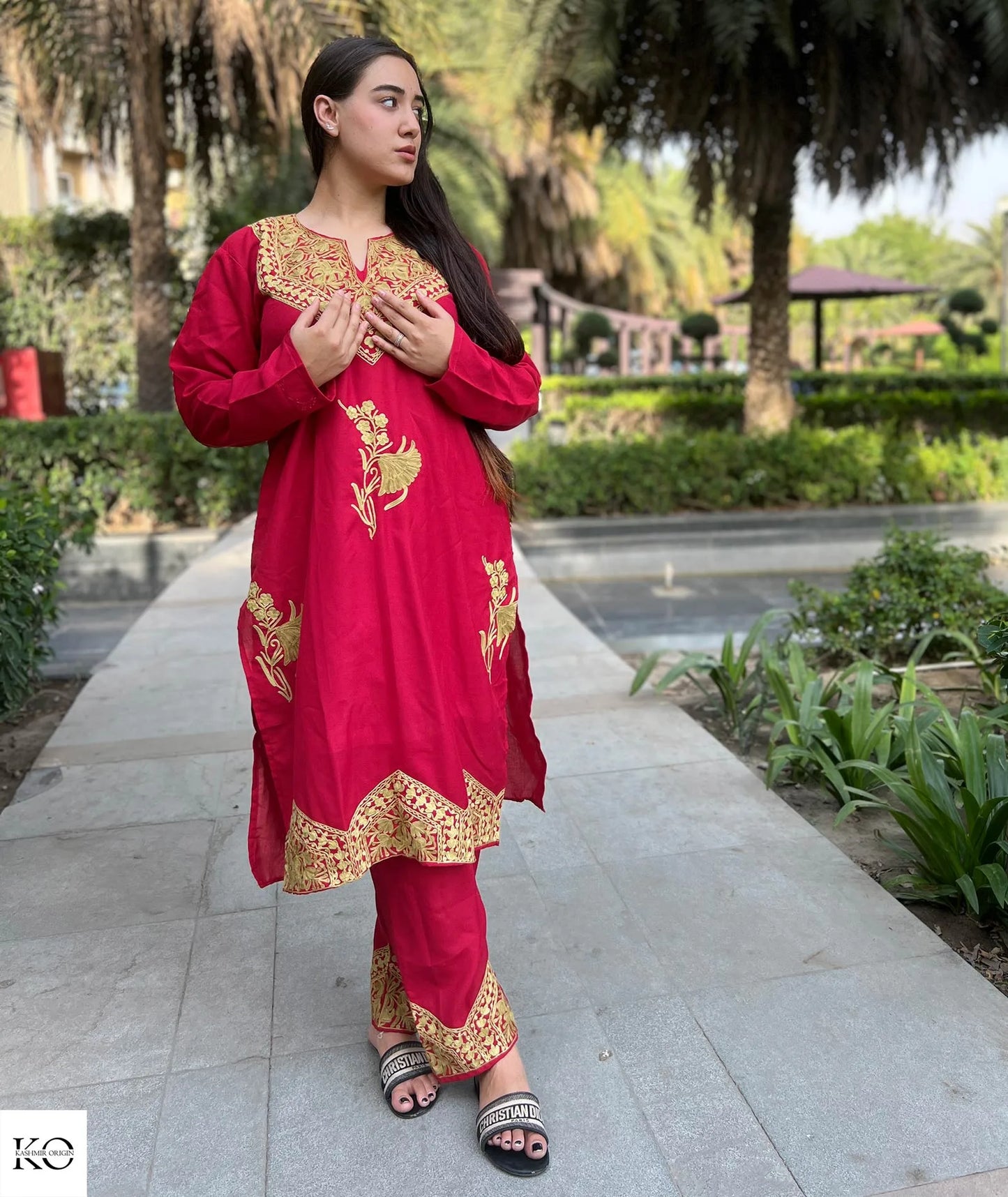 Green Embroidered Red Base Cotton Co ord Set | Full Suit