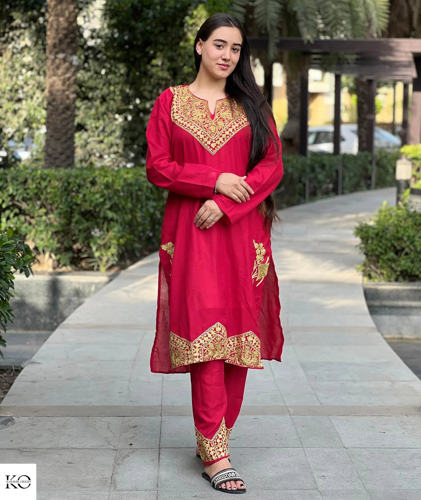 Green Embroidered Red Base Cotton Co ord Set | Full Suit