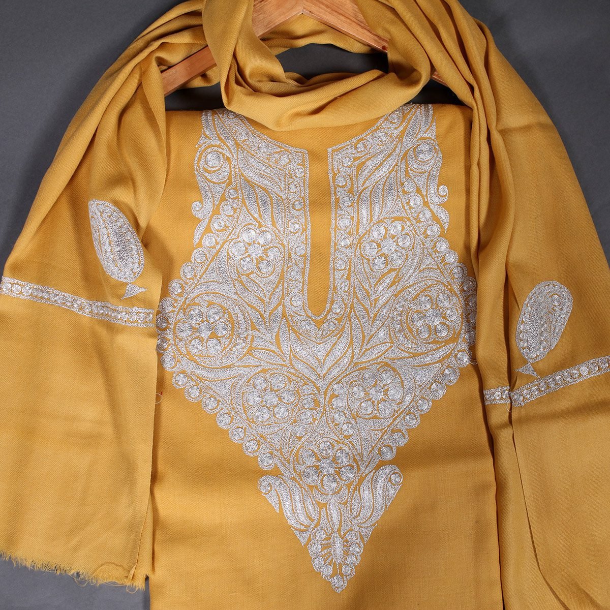 Tilla Embroidered Mustard<br>  Woolen Suit With Stole