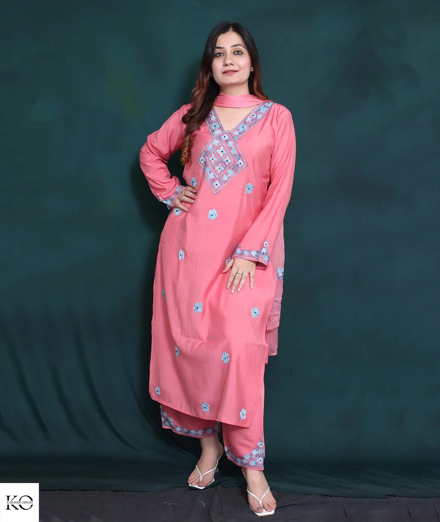 Pink Silk Crepe Abstract Design Embroidered Suit With Dupatta