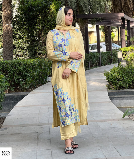 Lemon Yellow & Blue Embroidered Silk Crepe Co ord Set | Full Suit with Lace Dupatta