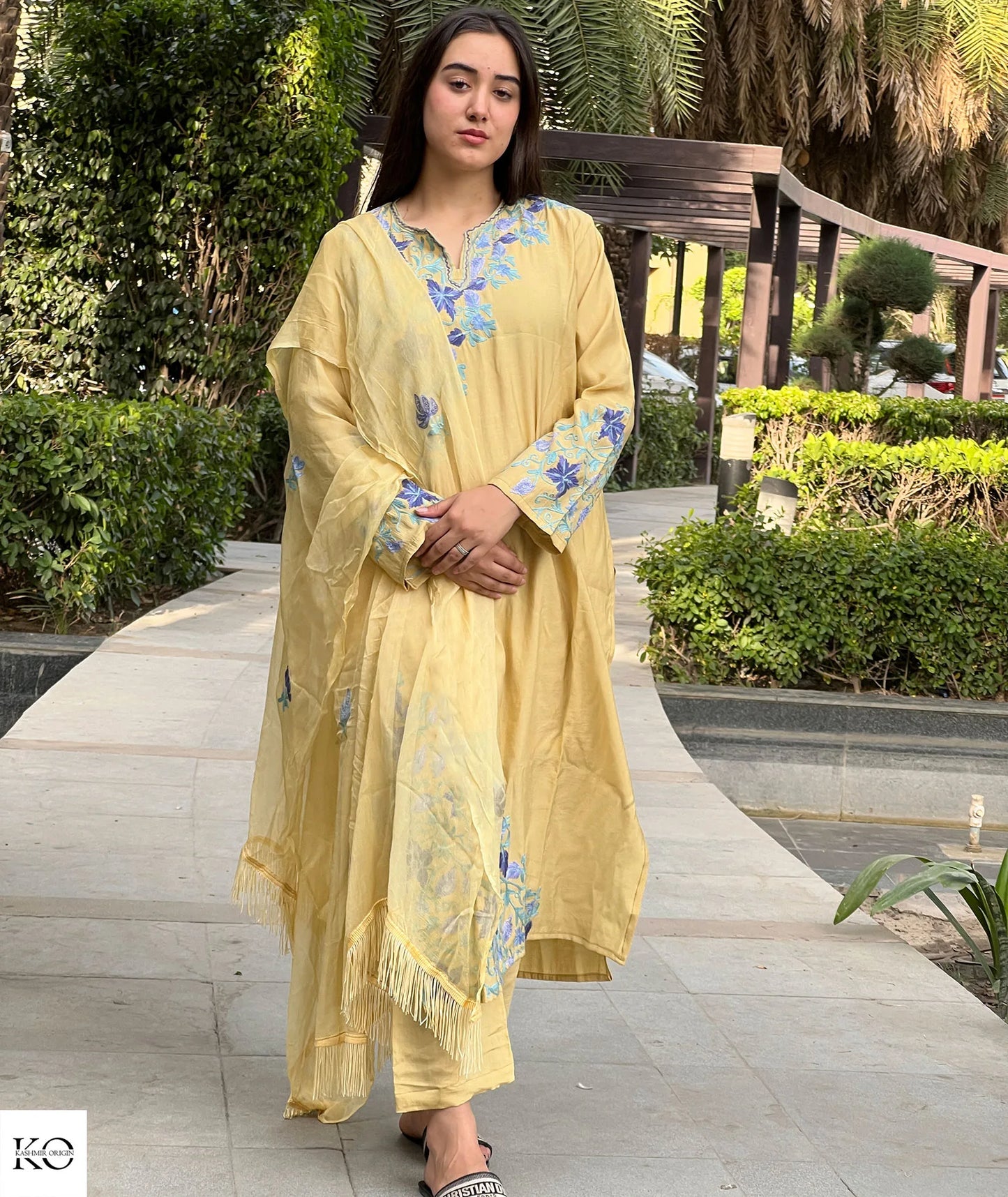 Lemon Yellow & Blue Embroidered Silk Crepe Co ord Set | Full Suit with Lace Dupatta