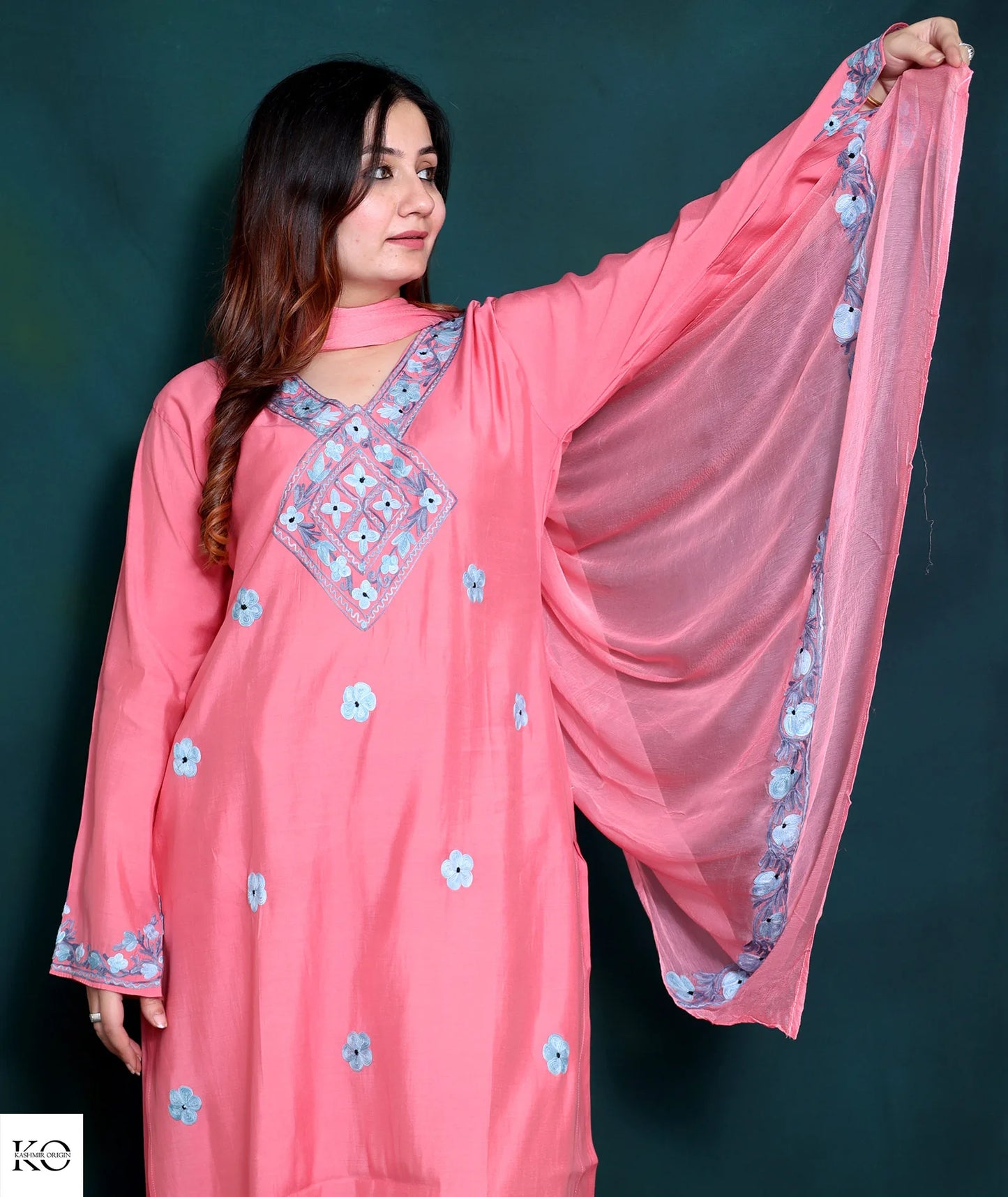 Pink Silk Crepe Abstract Design Embroidered Suit With Dupatta