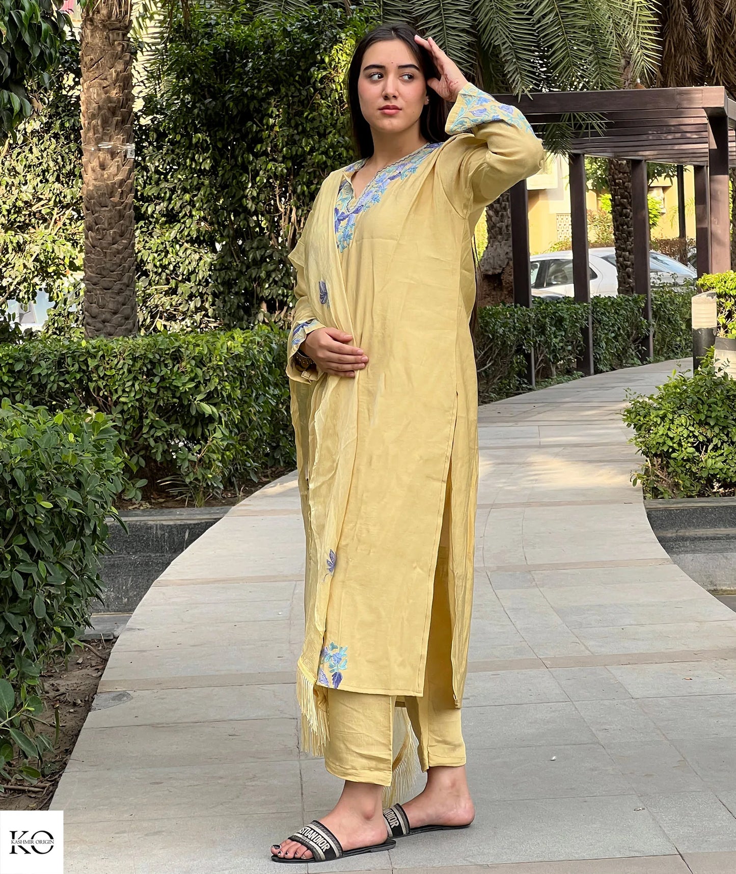 Lemon Yellow & Blue Embroidered Silk Crepe Co ord Set | Full Suit with Lace Dupatta