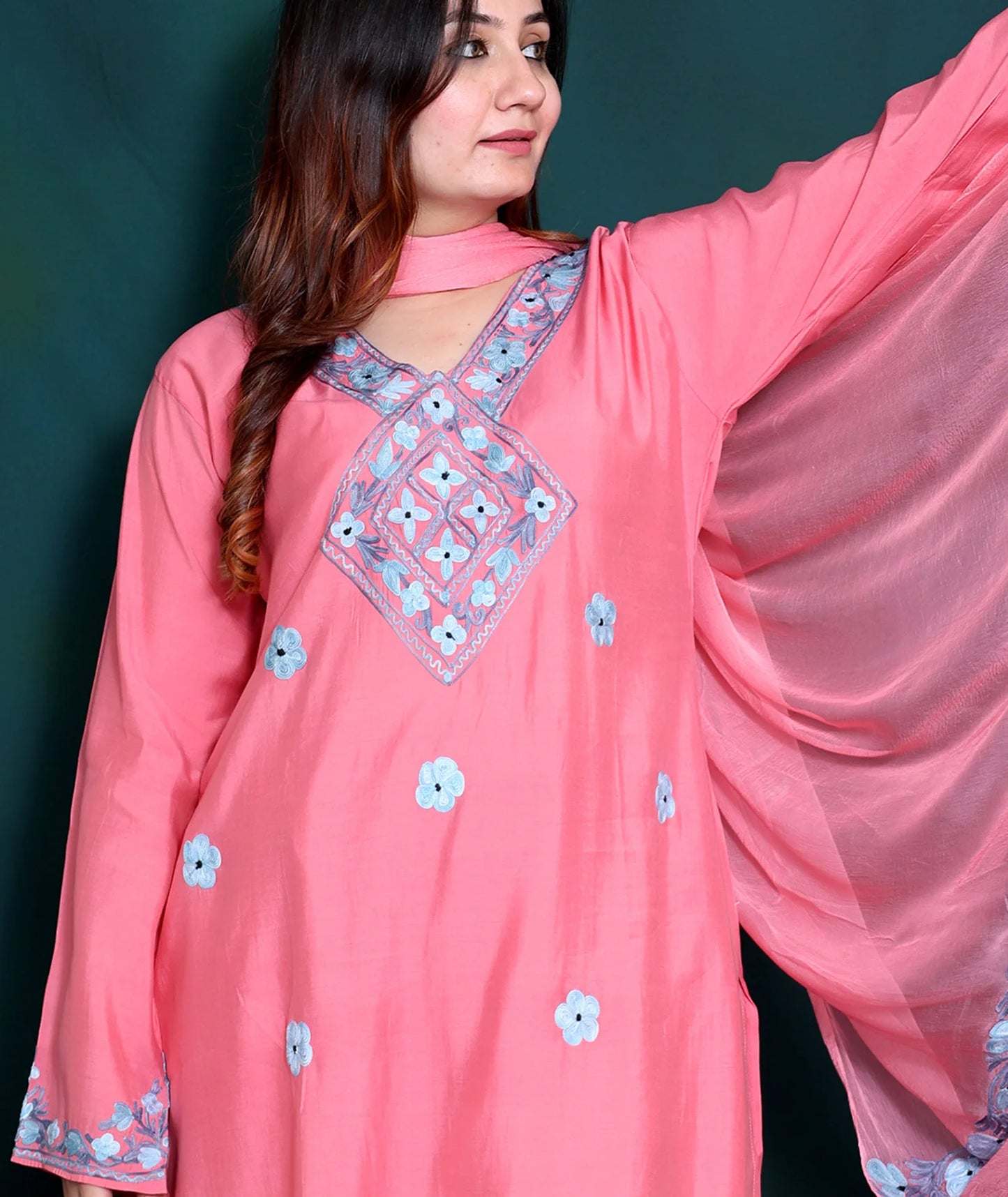 Pink Silk Crepe Abstract Design Embroidered Suit With Dupatta