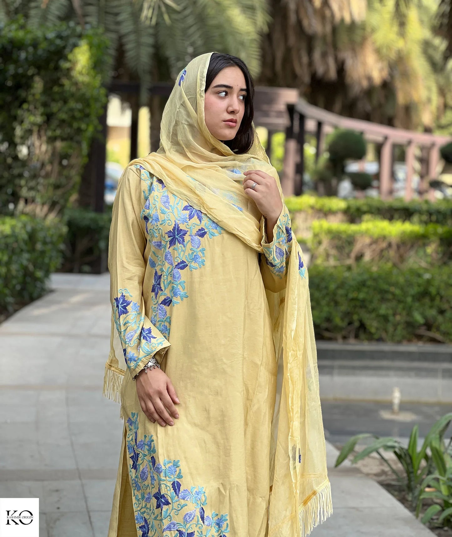 Lemon Yellow & Blue Embroidered Silk Crepe Co ord Set | Full Suit with Lace Dupatta