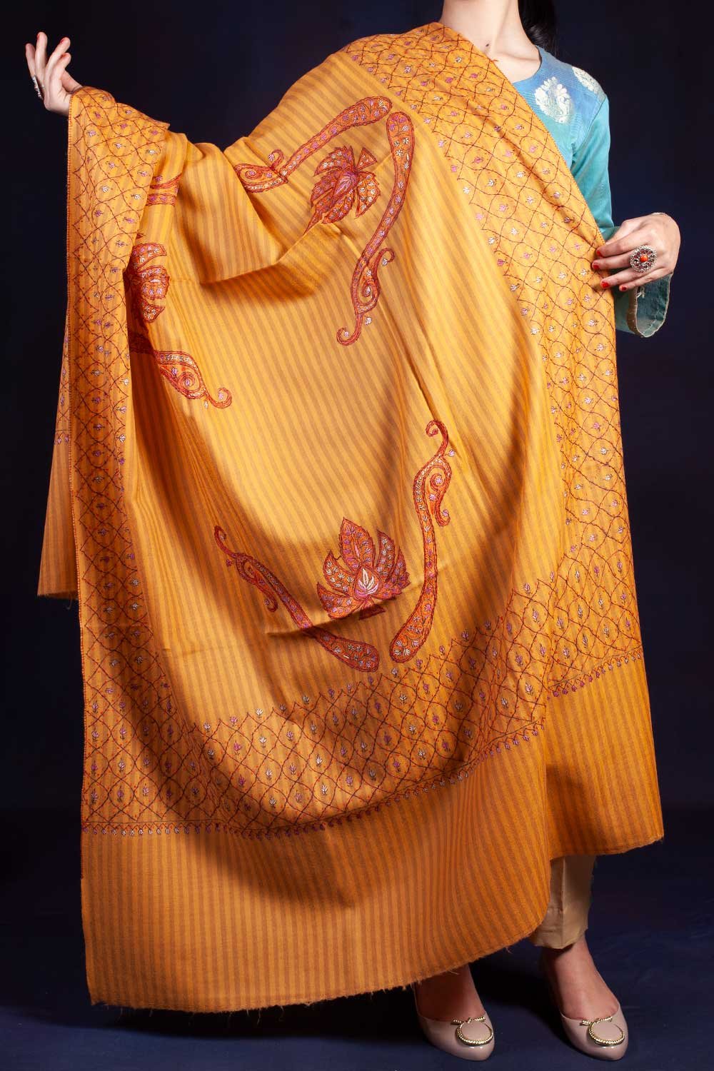 Mustard Designed Jaalidaar Sozni Embroidered Shawl