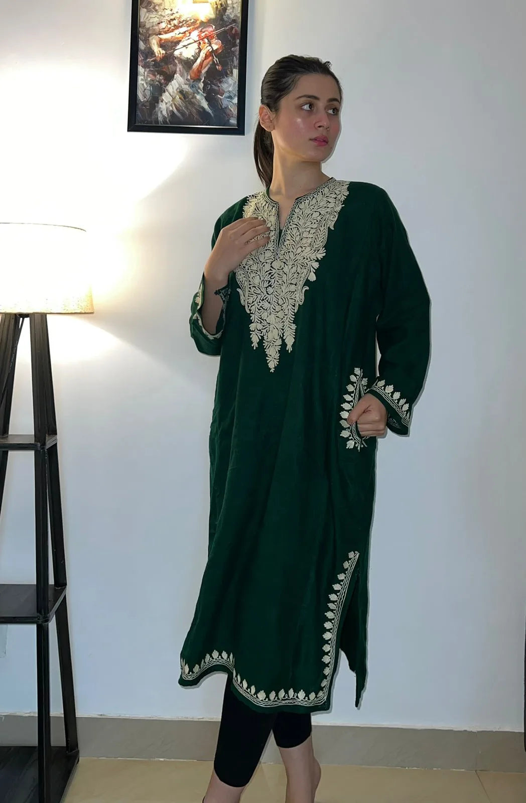 Bottle Green Aari Embroidered Pheran