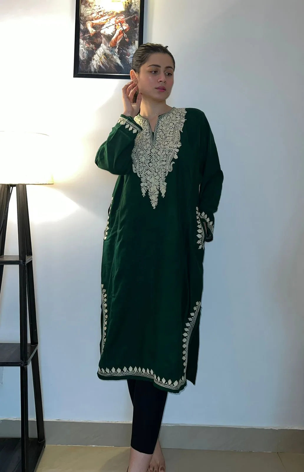 Bottle Green Aari Embroidered Pheran