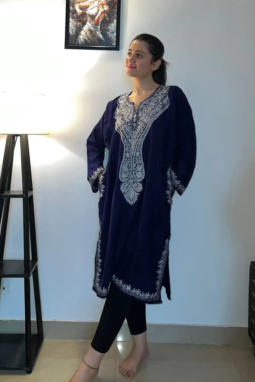 Zari Embroidered Blue Designer Pheran