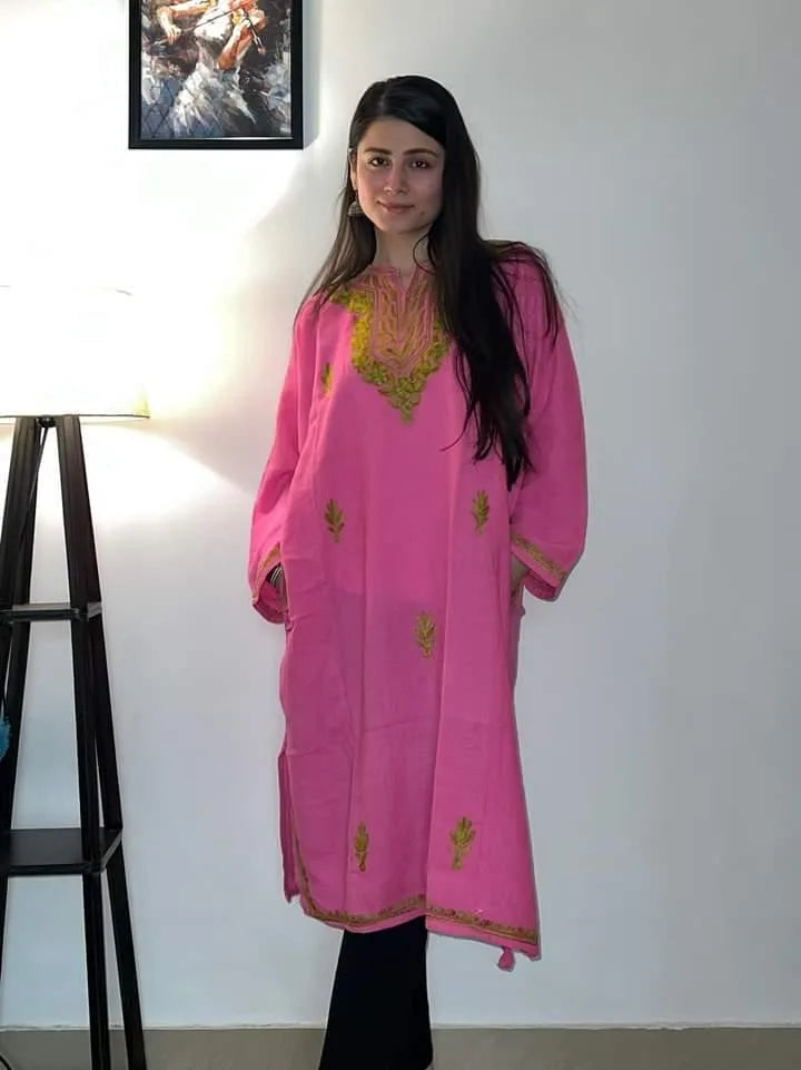 Magenta Pink Aari Embroidered Woolen Phiran