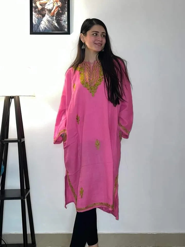 Magenta Pink Aari Embroidered Woolen Phiran