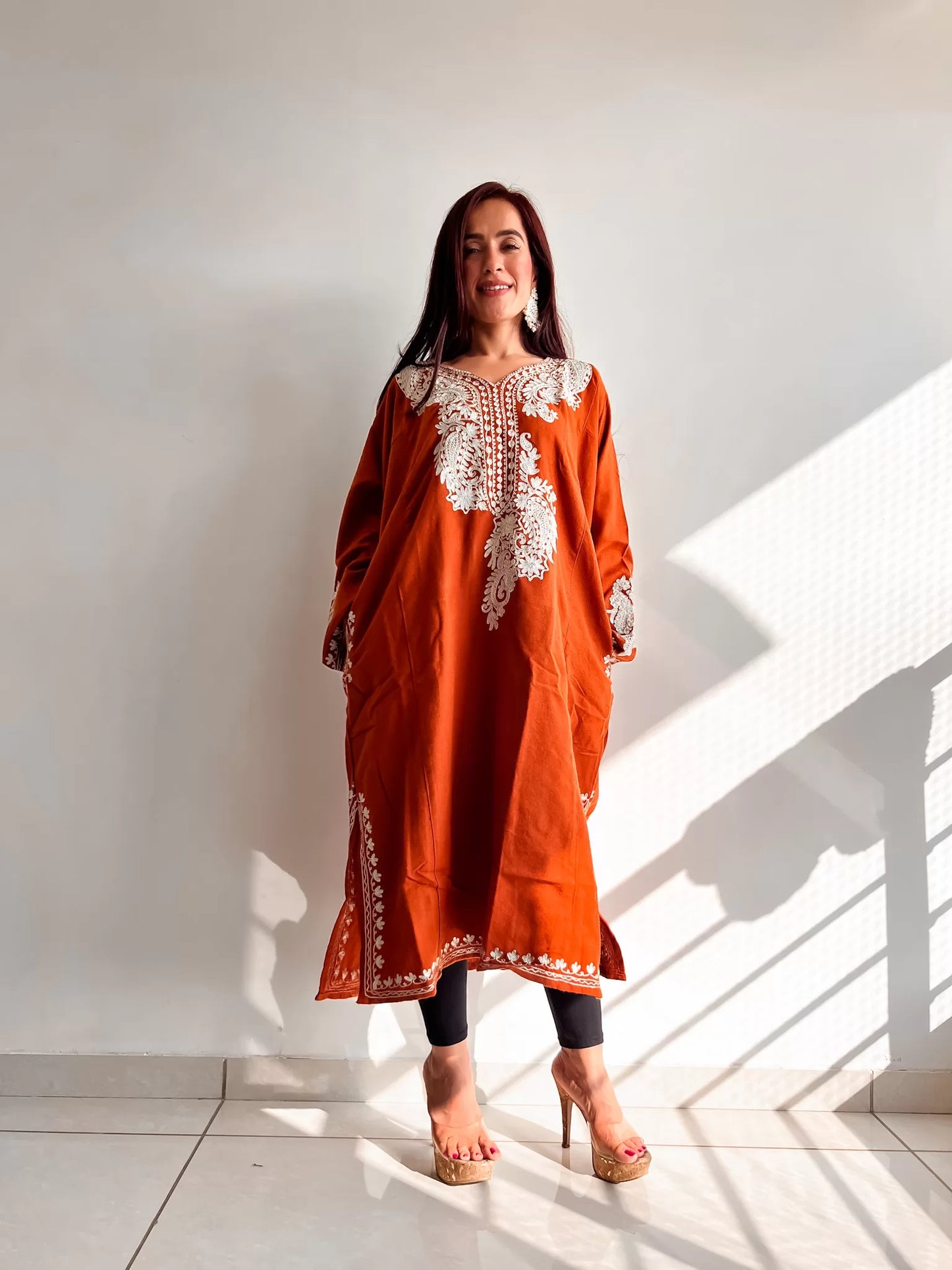 Neck Design Zari Embroidered Rust Pheran